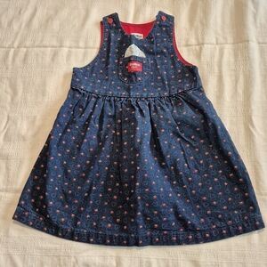 Vintage Oshkosh size 6 girls navy jean rose & heart print jumper dress VGUC